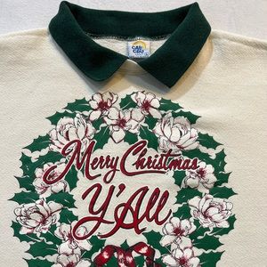 Vintage 1990s Christmas Sweatshirt, Collared, Merry Christmas Y’All, Magnolias